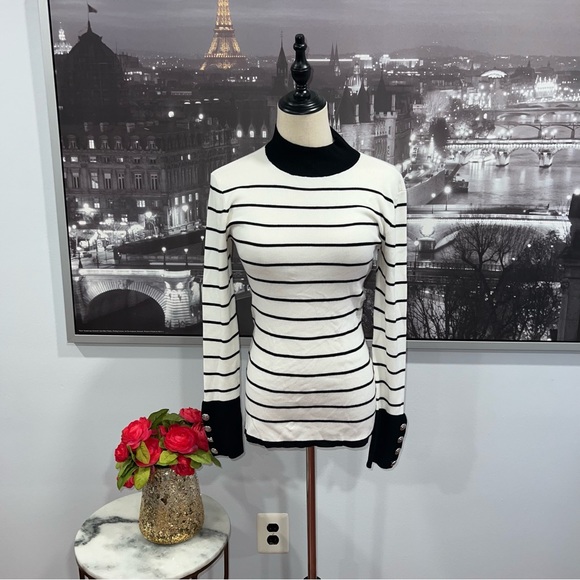 Guess Women's White & Black Striped Sweater With Button Accent Detail / Large - Picture 5 of 13